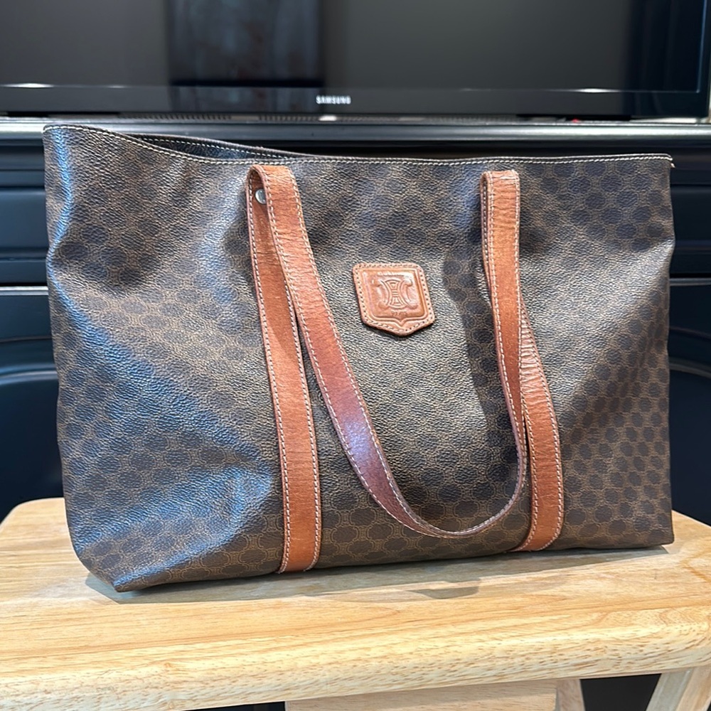 Celine Vintage Macadam Canvas Leather Tote Bag